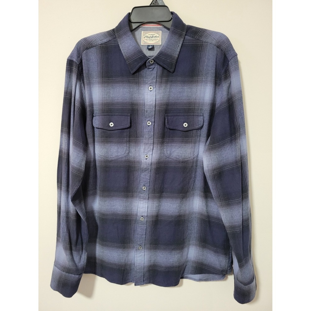 Flag & Anthem Button Up Shirt Mens Large Blue Gray Plaid Stretch Cotton Outdoors
